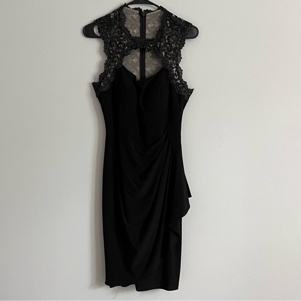 Xscape Black Crochet Back Ruche Draped Fitted Cocktail Dress - Picture 3 of 11